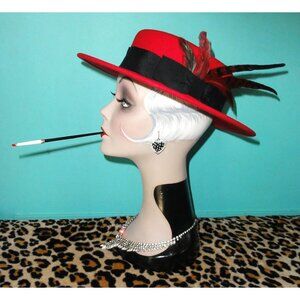 Vintage Red Wool Church Hat w/ Feathers pinup retro Kentucky Derby 1970s